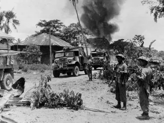 Indian troops of the 17th Division in Payagyi during the last few miles of the advance on Rangoon, April 1945